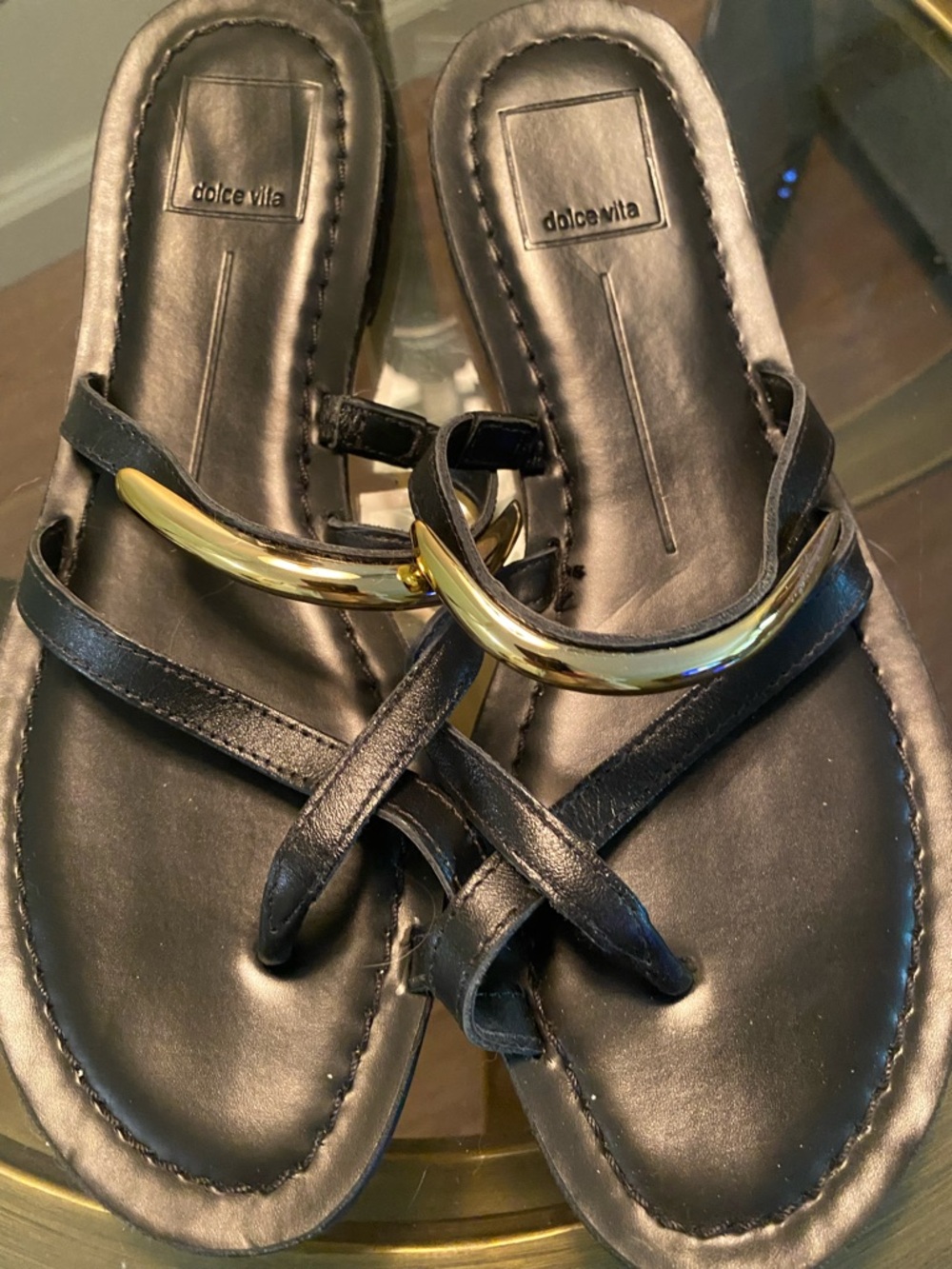 Dolce Vita Black Leather Slide Sandals with Gold Accent